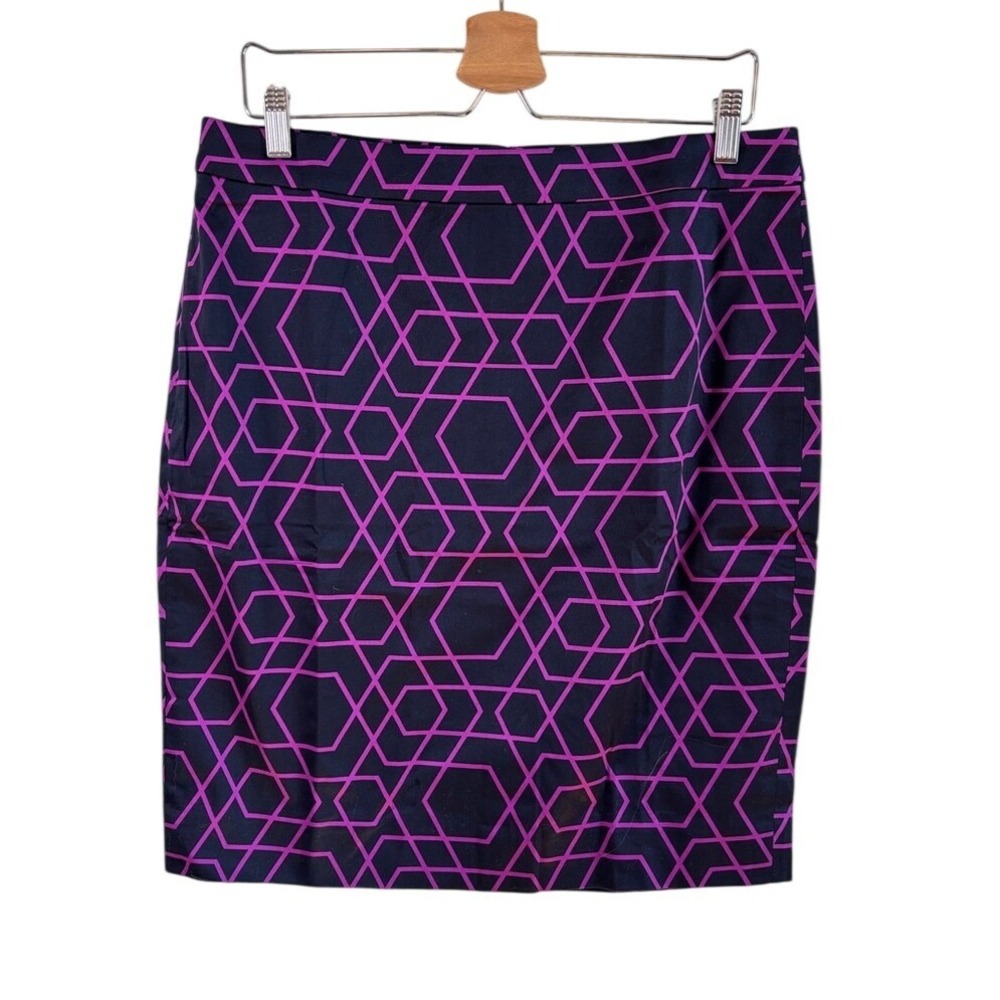 J. Crew Factory Pencil Skirt Purple Black Women Size 12 Geometric Cotton Stretch